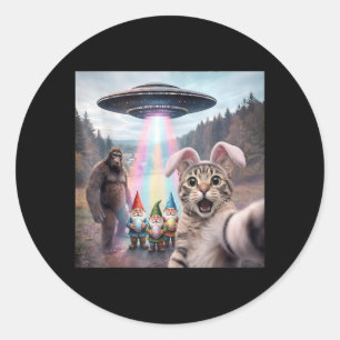 Sticker Rond Chat de Pâques drôle selfie avec Bigfoot UFO Pâque