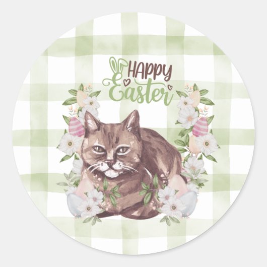 Sticker Rond Chat de Pâques Gingham Joyeux (Devant)