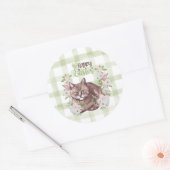 Sticker Rond Chat de Pâques Gingham Joyeux (Enveloppe)