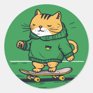 Sticker Rond Chat De Patinage Sympa Sur Skateboard