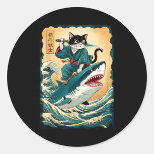 Sticker Rond Chat de samouraï drôle chevauchant un requin Chat