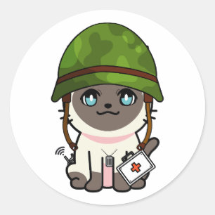 Sticker Rond Chat de Siamese portant un casque de l'armée