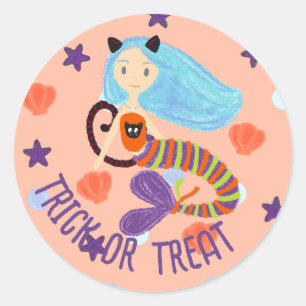 Sticker Rond Chat de sirène d'Halloween ou de gâteau Pastel