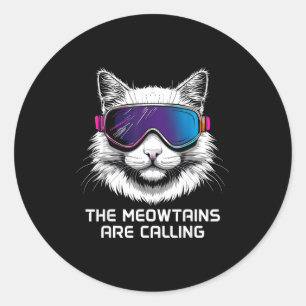 Sticker Rond Chat de ski snowboard drôle les meowtagnes appelle