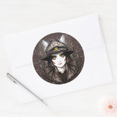 Sticker Rond Chat de sorcière Halloween Déplaisant Portrait mig (Enveloppe)
