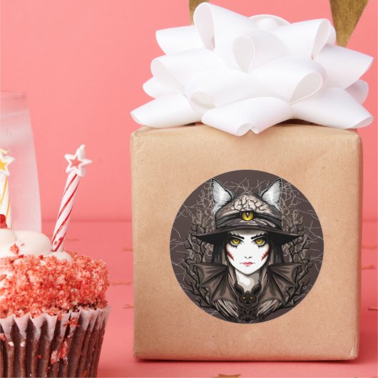 Sticker Rond Chat de sorcière Halloween Déplaisant Portrait mig (Fête)