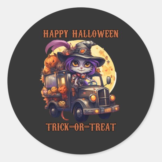Sticker Rond Chat de sorcière Halloween Trucker Enfants Festive (Devant)
