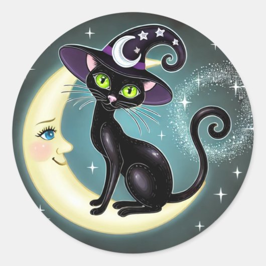 Sticker Rond Chat de sorcière sur Crescent Moon Halloween Wicca (Devant)