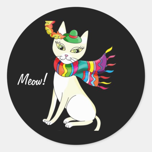Sticker Rond chat décoratif blanc dans un casquette et écharpe  (Devant)