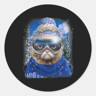 Sticker Rond Chat Dégoûtant En Ski D'Hiver Snowboard Sport Nous