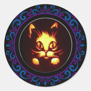 Sticker Rond Chat d'Halloween bleu violet orange brillant