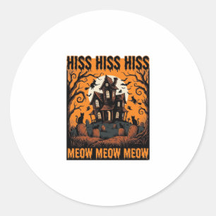 Sticker Rond Chat d'Halloween Miaou Maison de sorcière vintage