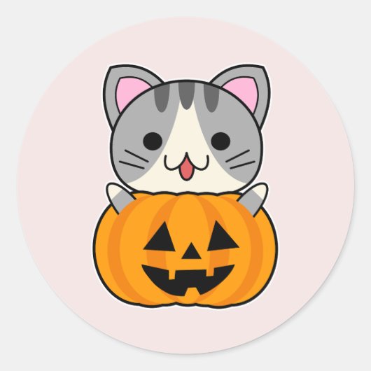 Sticker Rond Chat d'Halloween mignonne à Jack-o'-lantern (Devant)