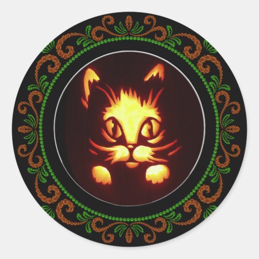 Sticker Rond Chat d'Halloween vert orange jaune brillant (Devant)