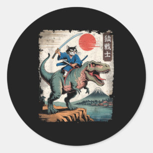 Sticker Rond Chat drôle à cheval sur un t rex art japonais ukiy