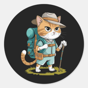 Sticker Rond Chat Drôle Avec Sac À Dos De Randonnée Chat D'Aven