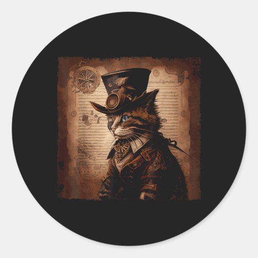 Sticker Rond Chat drôle cowboy Steampunk (Devant)
