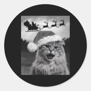 Sticker Rond Chat drôle de selfie avec le Père Noël Xmas traîne