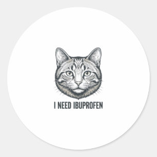 Sticker Rond Chat drôle Ibuprofène Dessin de gravure vintage_1