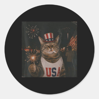 Sticker Rond Chat drôle patriotique vintage 4 juillet 250 ans