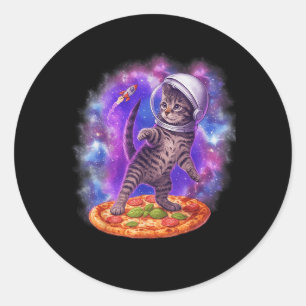 Sticker Rond Chat Drôle Voler Une Pizza Astronaut Kitten Space