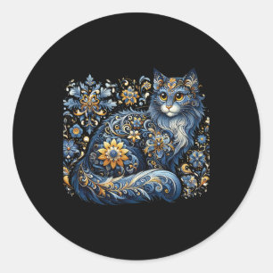 Sticker Rond Chat d'Ukraine Floral Vintage Drapeau Ukrainien Vy