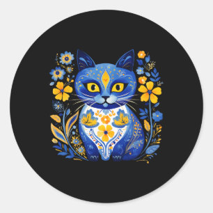 Sticker Rond Chat d'Ukraine floral vintage drapeau ukrainien Vy