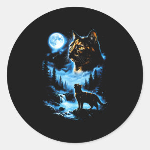 Sticker Rond Chat écaille de tortue pleine lune forêt mystique