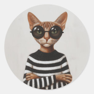 Sticker Rond Chat Élégant Avec Des Lunettes Rondes