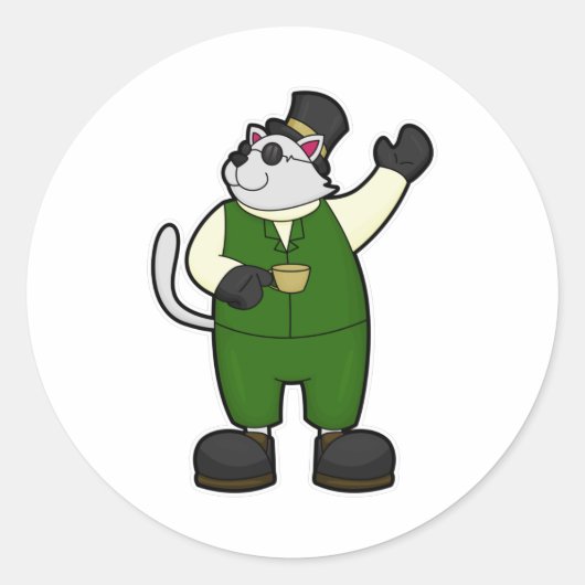 Sticker Rond Chat en chambre avec café et Casquette (Devant)