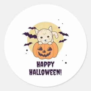 Sticker Rond Chat En Citrouille Chats Doux Joyeux Halloween