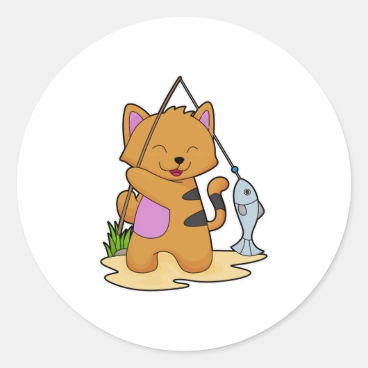 Sticker Rond Chat en Fisher avec la baguette de pêche et le poi (Devant)