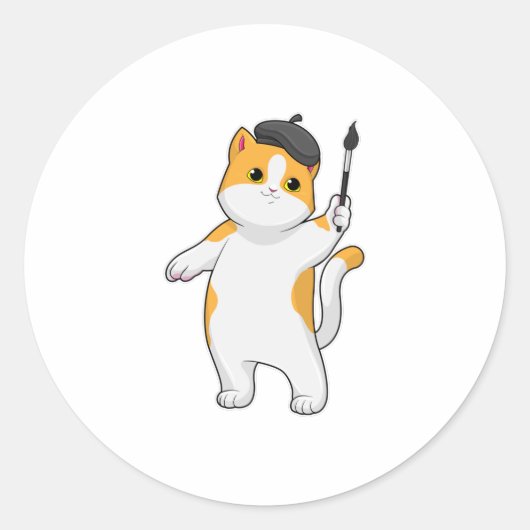 Sticker Rond Chat en tant que Peintre avec pinceau (Devant)