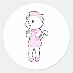 Sticker Rond Chat en tant qu'infirmière avec Bloc-notes