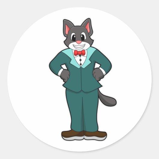 Sticker Rond Chat en tenue de marié avec costume et ruban (Devant)