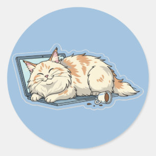 Sticker Rond Chat endormi confortablement sur un ordinateur por