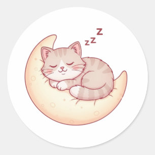 Sticker Rond Chat endormi sur un oreiller de lune – Sieste de c