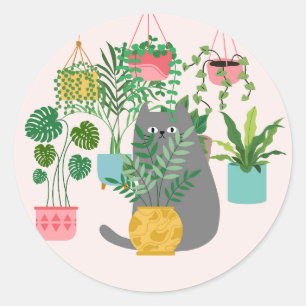 Sticker Rond Chat entre Plantes drôle