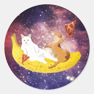 Sticker Rond Chat équitation banane en galaxie