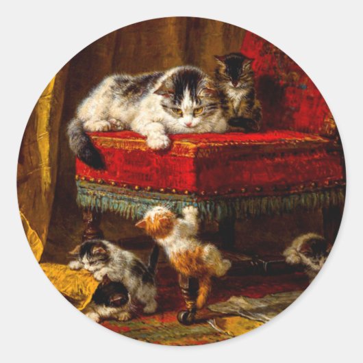 Sticker Rond Chat et chatons Jouer avec chaise (Devant)