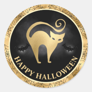 Sticker Rond Chat et Chauves-Souris Or & Noir Joyeux Halloween