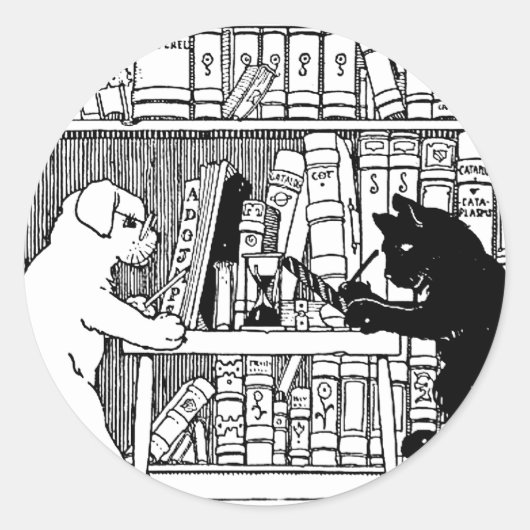 Sticker Rond Chat et chien dans la bibliothèque (Devant)