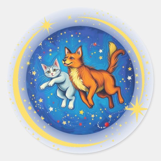 Sticker Rond Chat et chien dans l'espace (Devant)