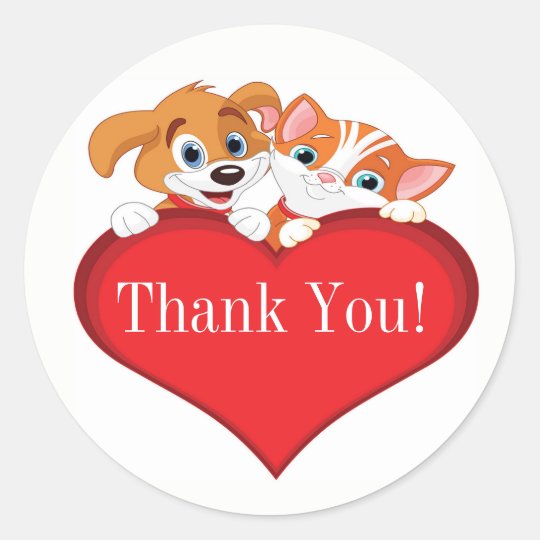 Sticker Rond Chat Et Chien Mignons Avec Le Merci De Coeur Zazzle Be