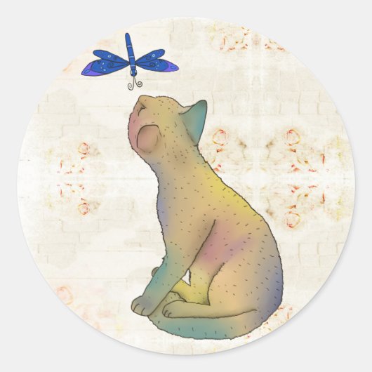 Sticker Rond Chat et libellule bleue (Devant)