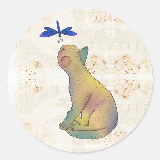 Sticker Rond Chat et libellule bleue (Devant)