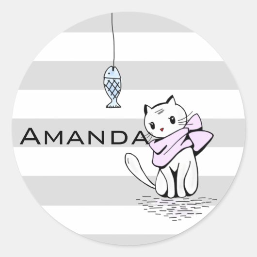 Sticker Rond Chat et poisson blanc testé (Devant)