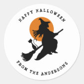 Sticker Rond Chat et sorcière volante Halloween noir et blanc (Devant)