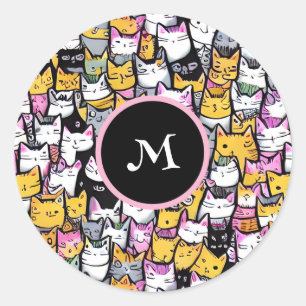Sticker Rond Chat face doodé félin motif animaux monogramme amu