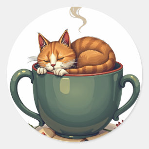 Sticker Rond Chat fatigué Accro au café Broyeur matinal Rétro A